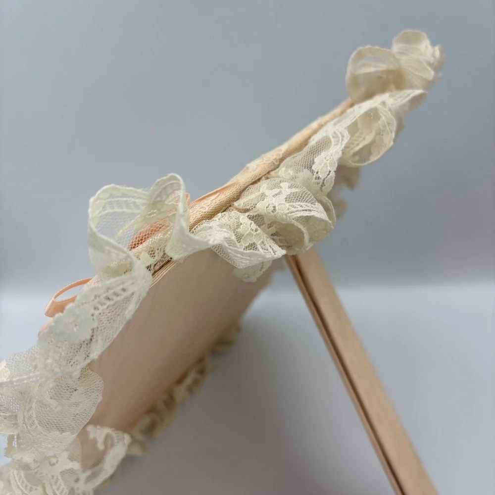 Vintage 80s Shabby Chic Peach Moire Silk Lace Ruffle Tabletop Frame Mirror